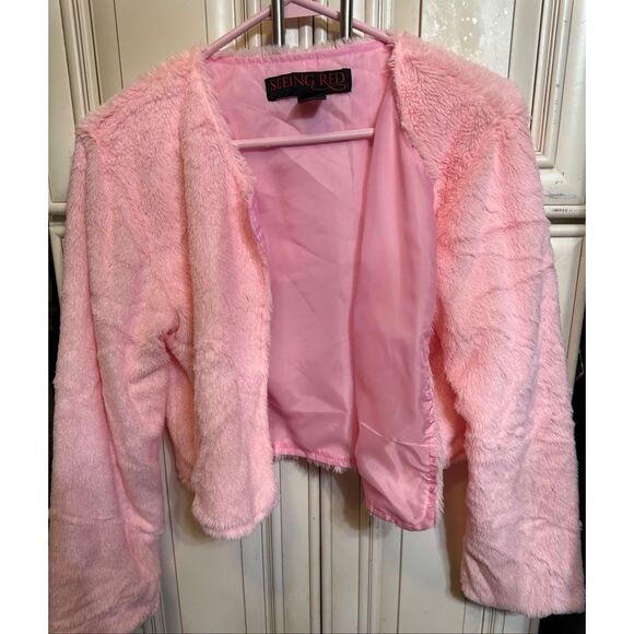 Seeing Red Girls Plush Faux Fur Long Sleeve Open Front Jacket Pink Small Medium - Picture 3 of 9